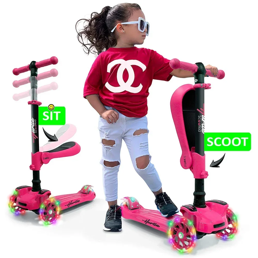 Hurtle Scoot Kid 3-Wheel Kids Scooter - Child & Toddler Toy Scooter with Built-in LED Wheel Lights 7529