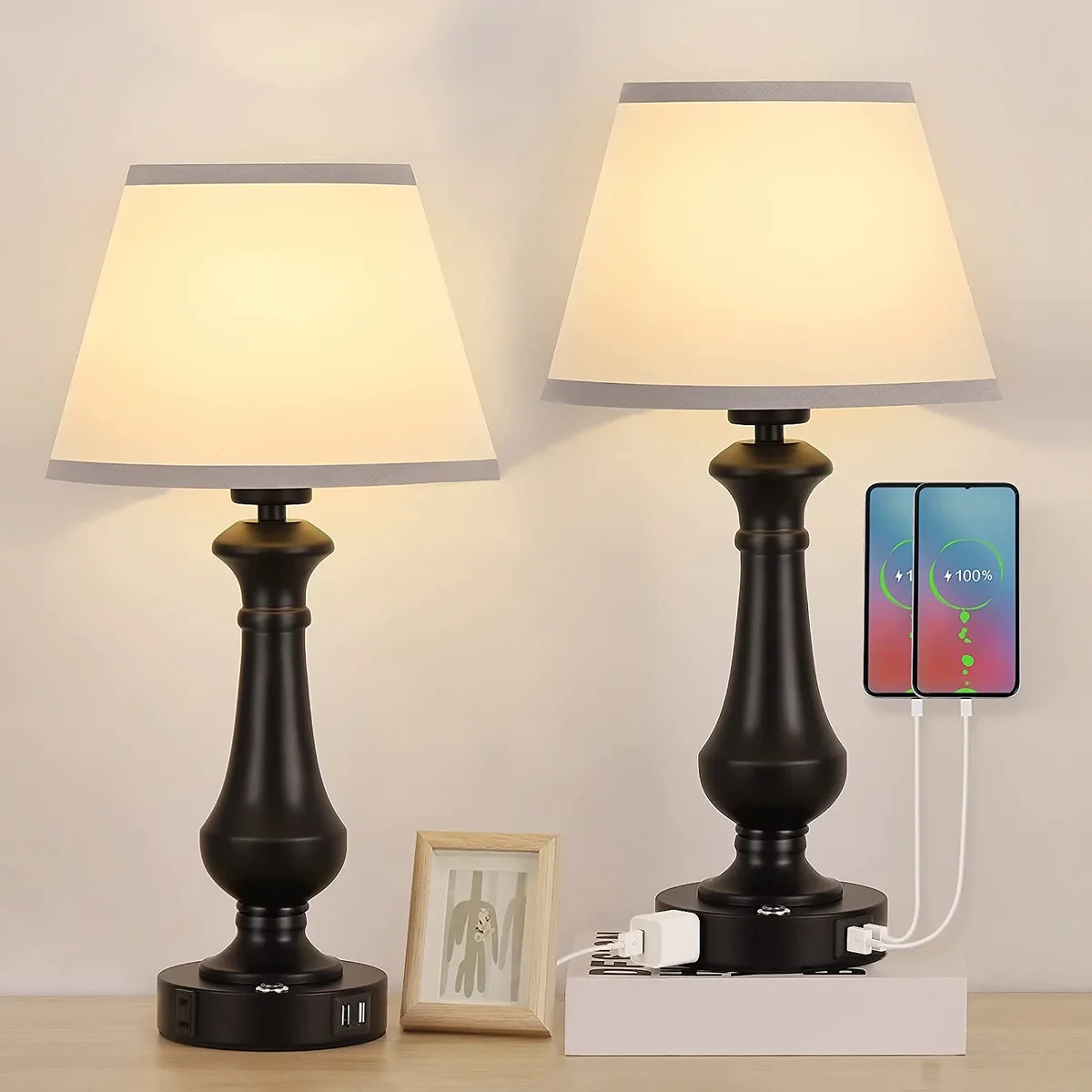 Everdaily Essentials Set of 2 Touch Sensor Touch Control Table Lamp, with 2 USB Charging Port, Black 0705