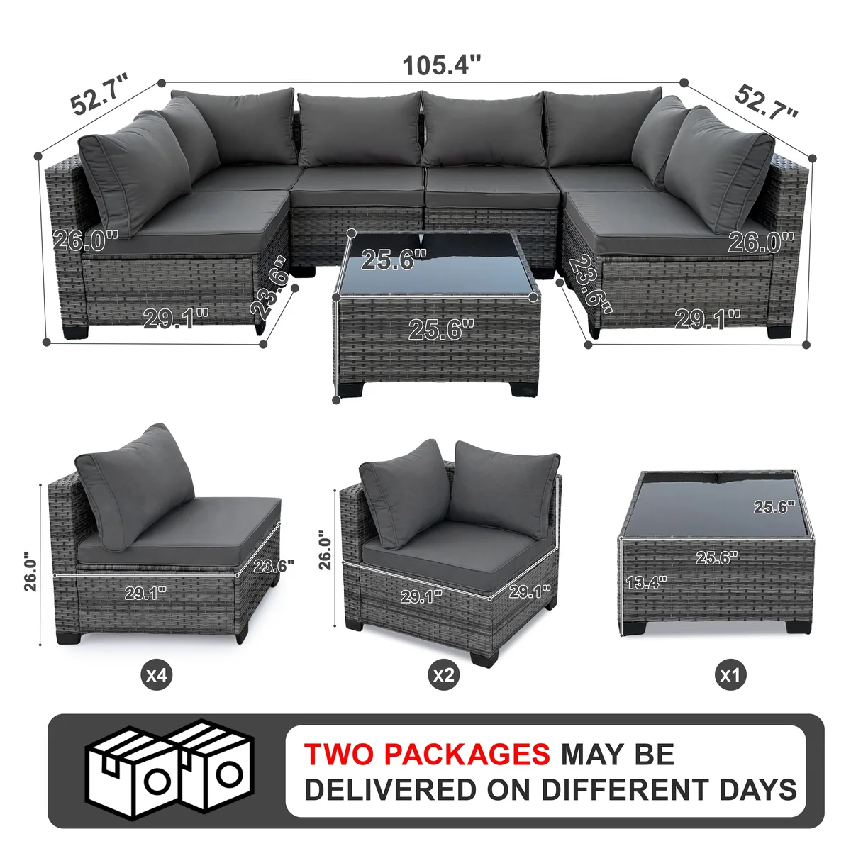 MOLIBYME 7 Pcs Outdoor Patio Furniture Set, Modular Outdoor Sectional Wicker Conversation Set, Rattan Sofa Set with Glass Table and Washable Cush 9494