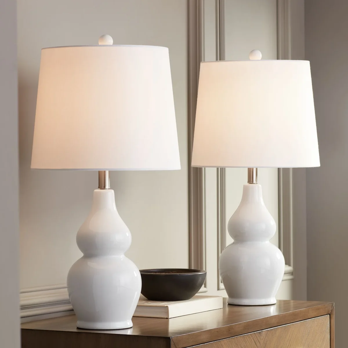 360 Lighting Jane Modern Table Lamps 25" High Set of 2 White Ceramic Fabric Drum Shade for Bedroom Living Room House Bedside Nightstand Office Fa 5912