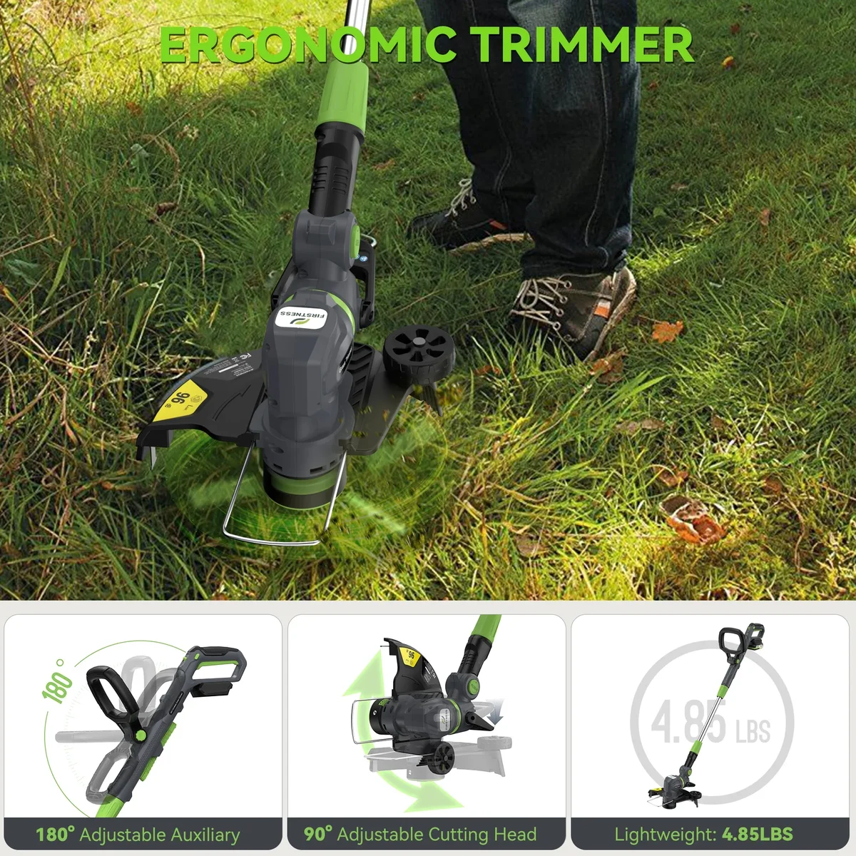 Firstness String Trimmer Cordless, 20V Electric Weed Wacker with 2 Batteries & Charger, Powerful 8500 RPM, Grass Trimmer & Edger for Lawn Care, Y 0189