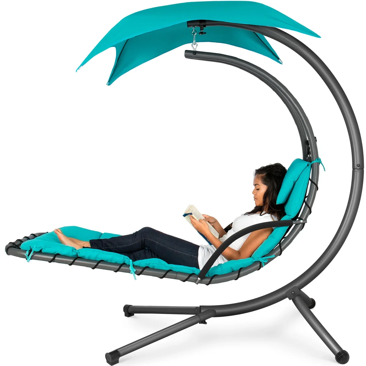 Best Choice Products Hanging Curved Chaise Lounge Chair Swing w/ Pillow, Shade, Stand - Teal 9305