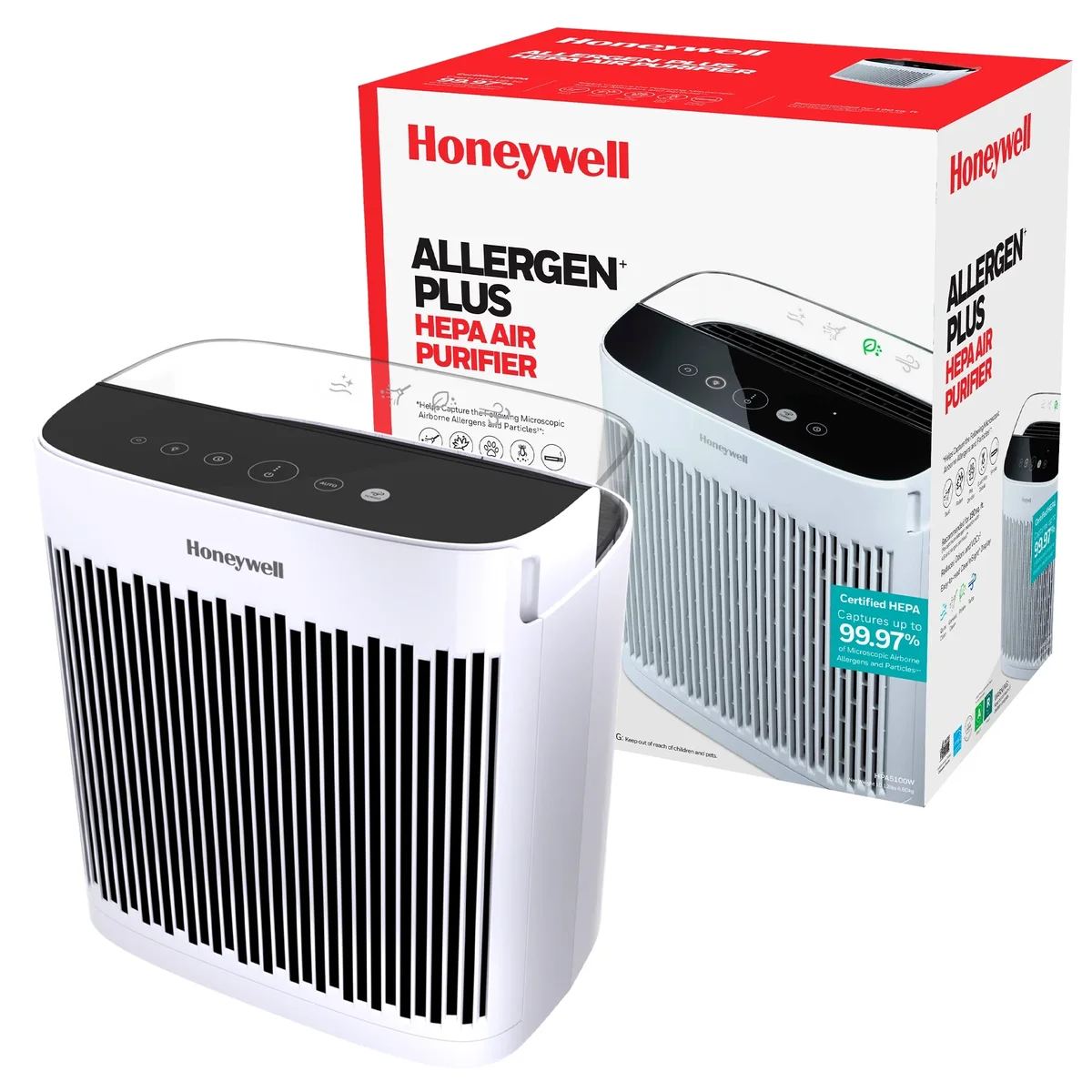 Honeywell Allergen Plus 900 Sq Ft HEPA Air Purifier, White, Smoke, Pollen, Dust Reducer 3241