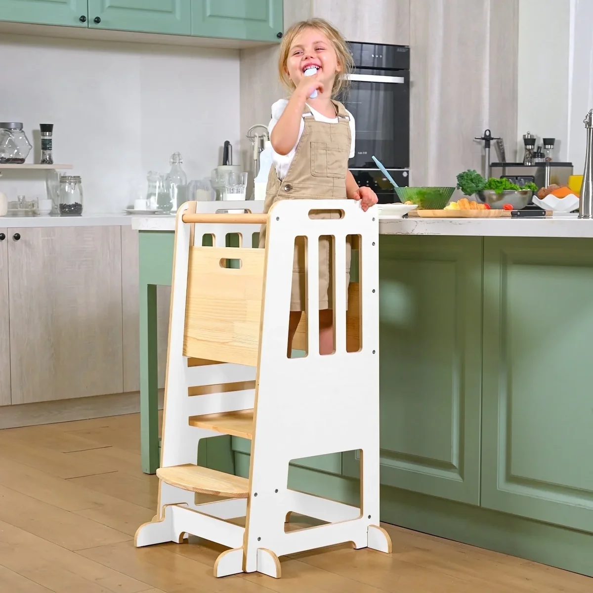Everdaily Essentials Toddler Standing Tower, Kids Kitchen Stool Helper 3 Levels Adjustable Height Wooden Toddler Step Stools for Learning New Skills 1323
