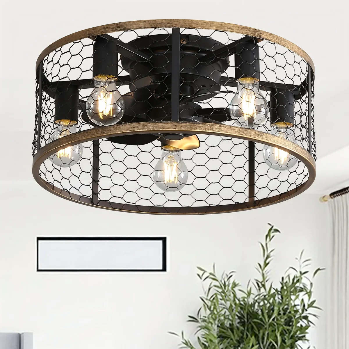Sofucor 20" Matte Black Caged Ceiling Fan with 5-Piece Lighting Kit and Remote Control 6962
