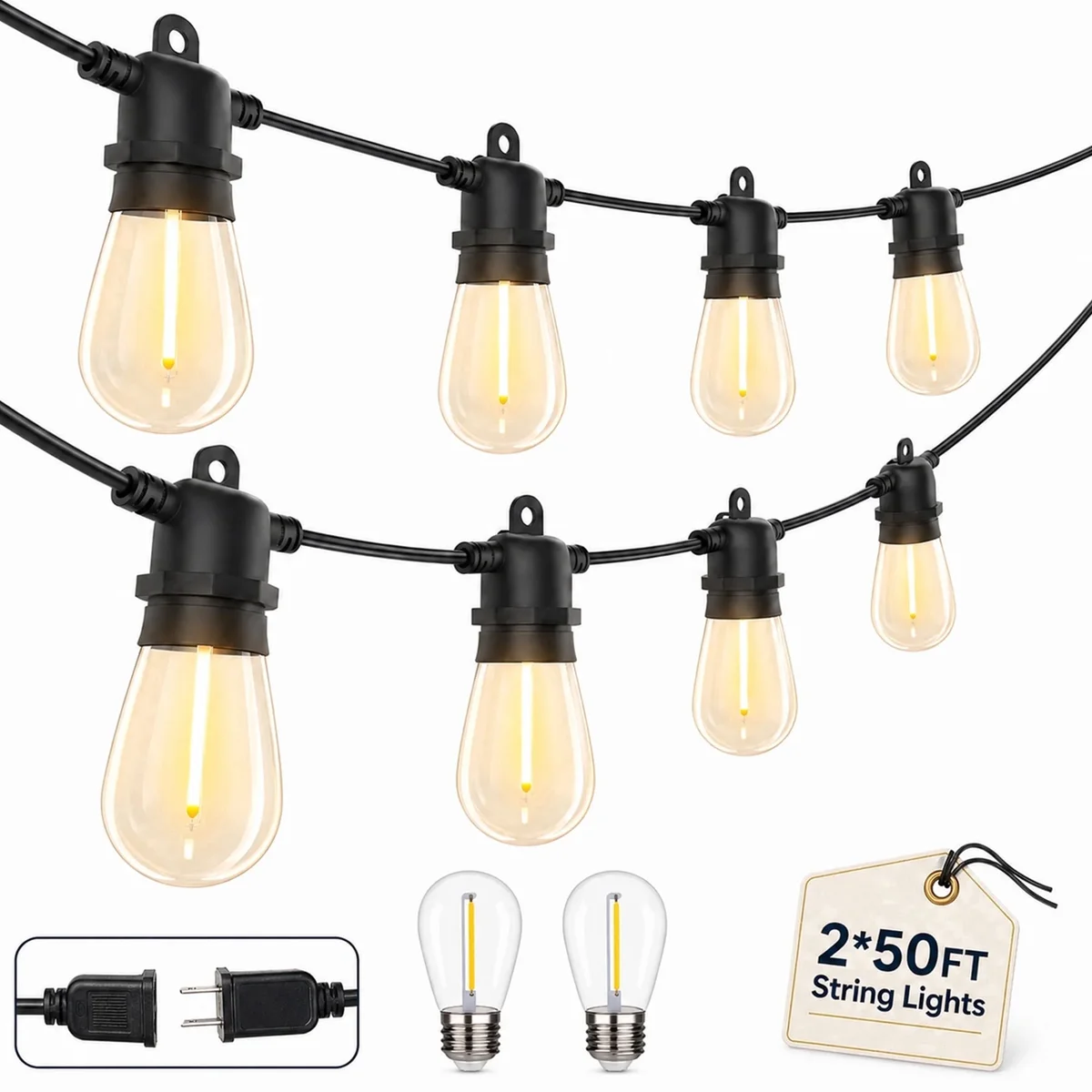 DAYBETTER S14 Outdoor String Lights, 100FT(2*50FT) Waterproof Hanging Lights, with 30 Shatterproof Edison Bulbs, for Garden, Patio 8798