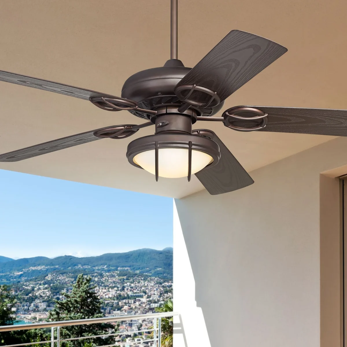 Everdaily Essentials 52" Orb Rustic Indoor Outdoor Ceiling Fan with LED Light Kit Oil Rubbed Bronze Caged Frosted Glass Wet Rated for Patio Exterior House 7320