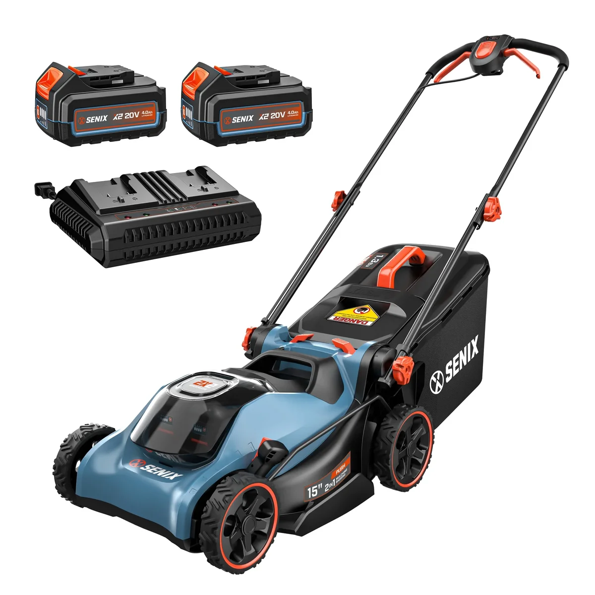 SENIX 40V Brushless 16in Deck Battery Lawn Mower with (2x) 4.0Ah Batteries w/ECO Mode, 15in Cutting Blade, 2-in-1 Mulching & Bagging Cordless Pus 9238