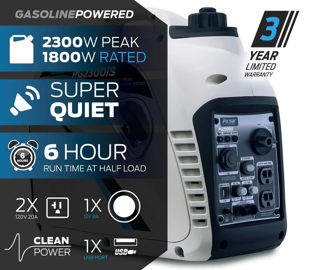 Pulsar 2300-Watt Super Quiet Gasoline Powered Inverter Generator with USB 0222