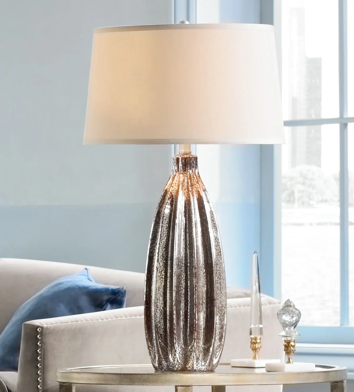 360 Lighting Stella Modern Table Lamp 30" Tall Fluted Mercury Ribbed Glass Taupe Drum Shade for Bedroom Living Room Bedside Nightstand Office Kid 7670