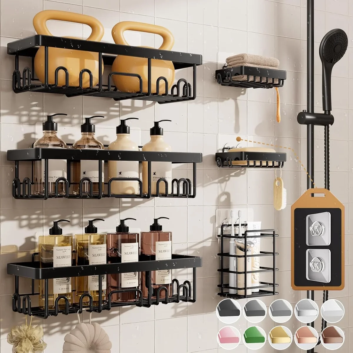 Veken Shower Caddy 6-Pack, Advanced Rustproof Design, No Drilling Adhesive Shelves, Rack with Soap Holder, Large Capacity Bathroom Organizers and 6714