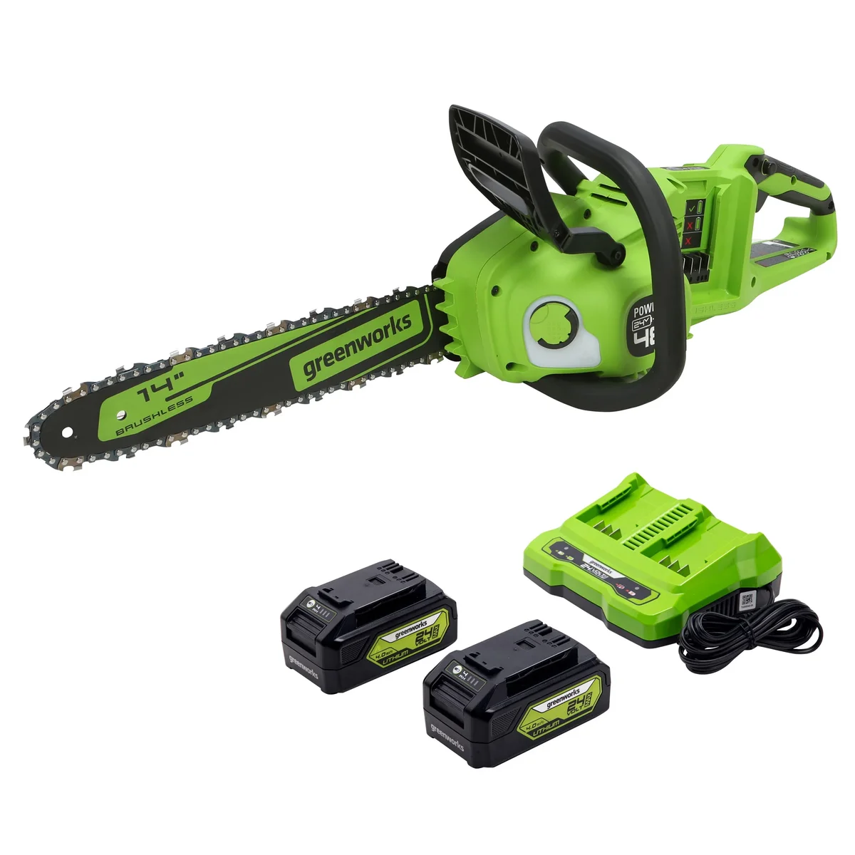 Greenworks 48V (24V x 2) Cordless 14-inch Brushless Chainsaw, with (2) 4Ah USB Batteries and Dual Port Charger, 2017902 8886
