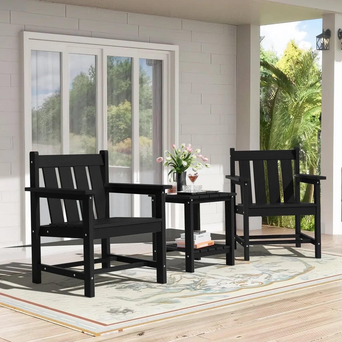 SERWALL 3 Piece Patio Furniture Set,HDPE Outdoor Bistro Set with Coffee Table and Chair for the Patio,Black 1966