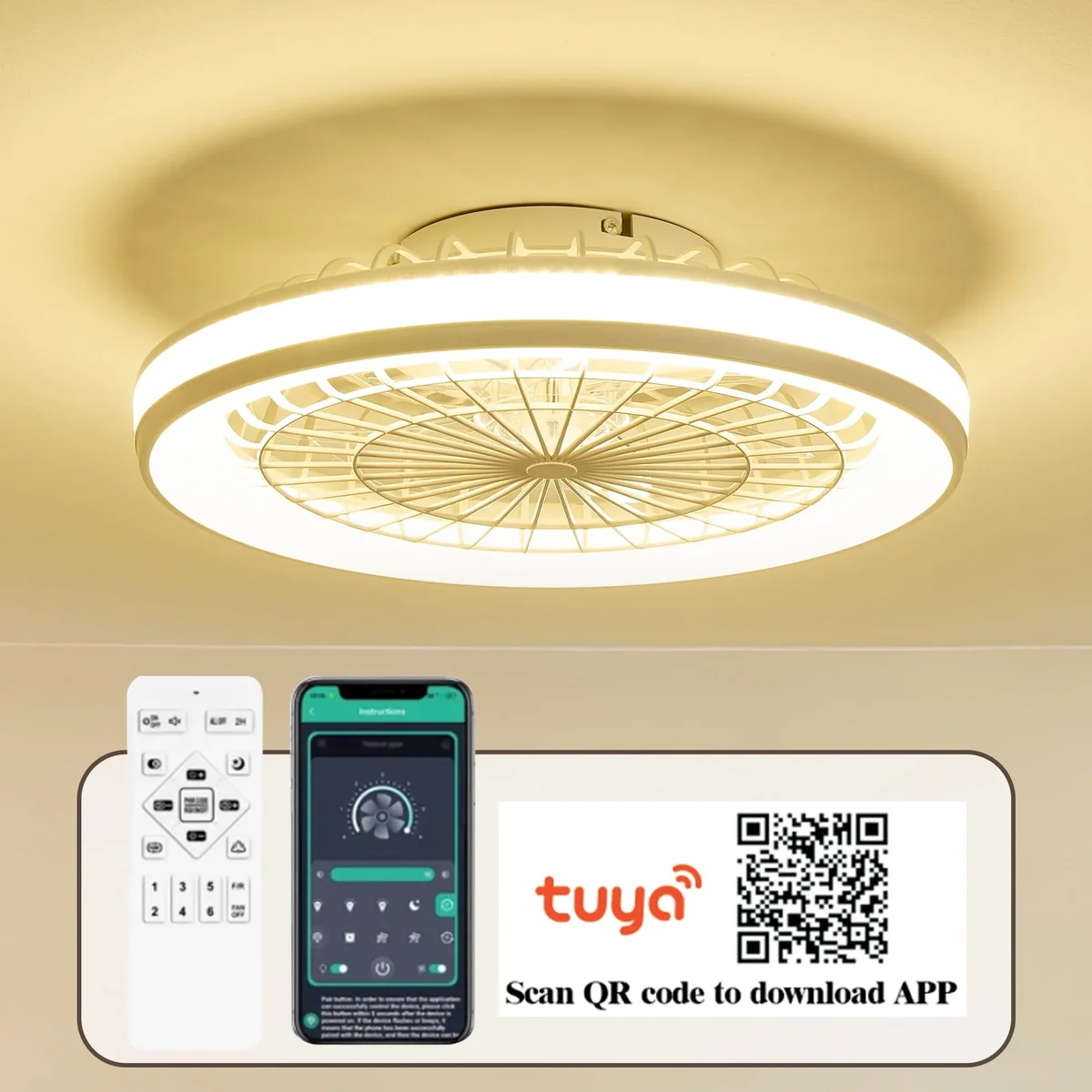 Everdaily Essentials 20" Caged Ceiling Fans Lights,Low Profile Enclosed Lamp with APP Control,White 9036