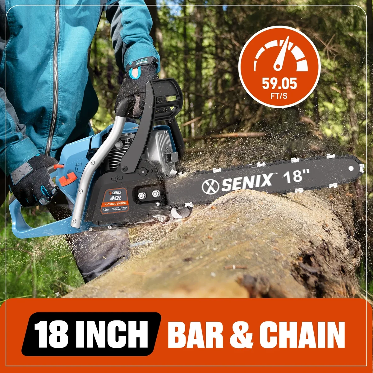 Senix 49cc 4-Cycle Gas Chainsaw, 18-Inch Oregon Bar and Chain, Trimming Branches Engine 7531