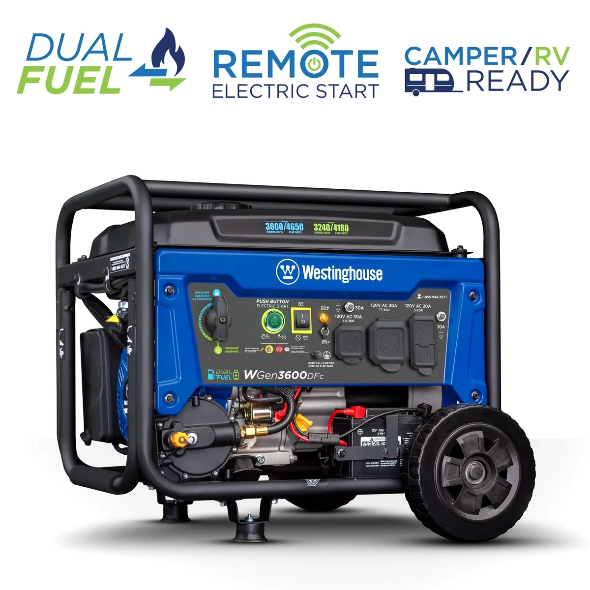 Westinghouse 4650 Peak Watt Dual Fuel Portable Generator, Remote Electric Start, RV Ready Outlet, CO Sensor 6831