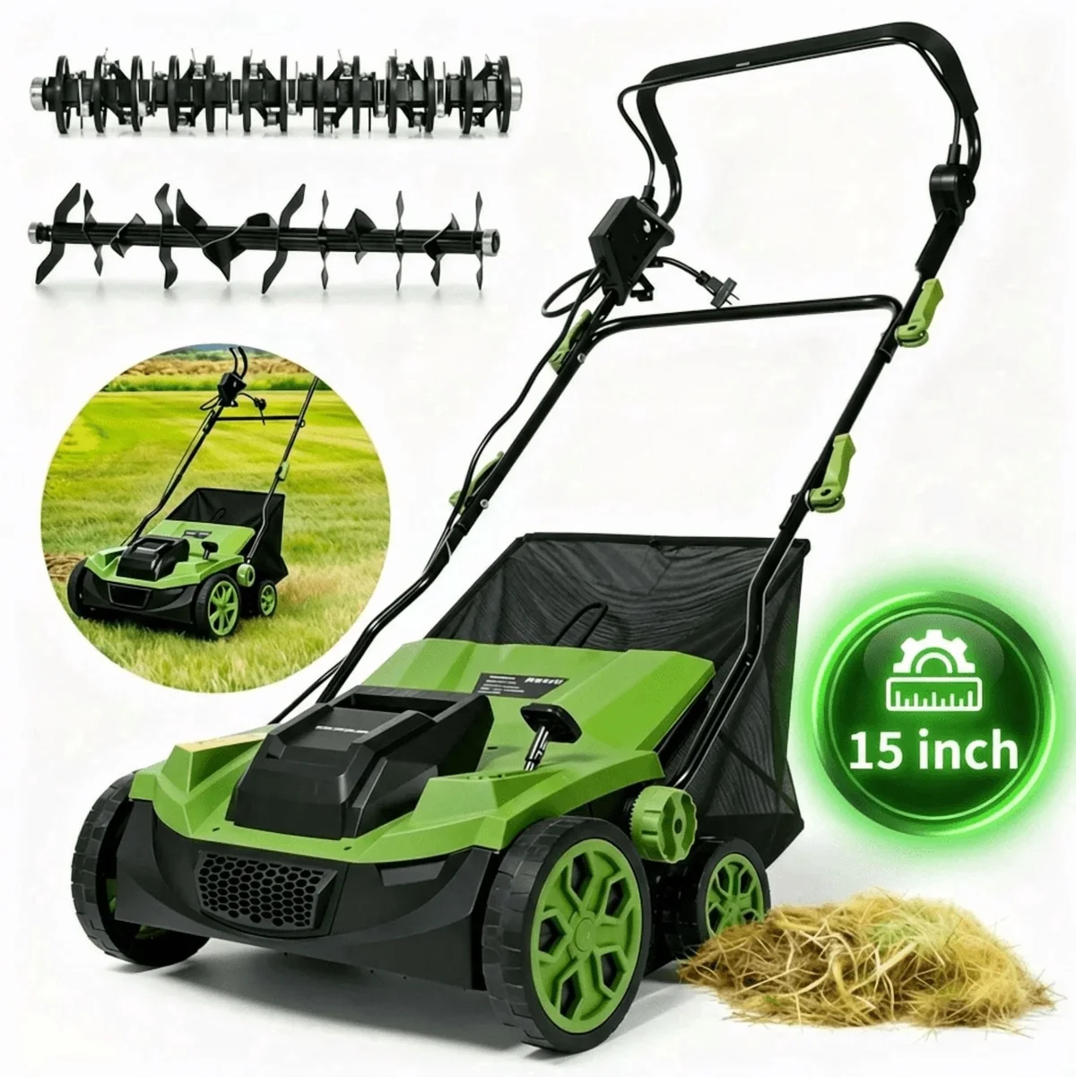 GASKY 15-inch Dethatcher and Scarifier,15A Electric Dethatcher with 5-Position Depth Adjustment & 12L Collection Bag & Tool-Free Blade Change 4872