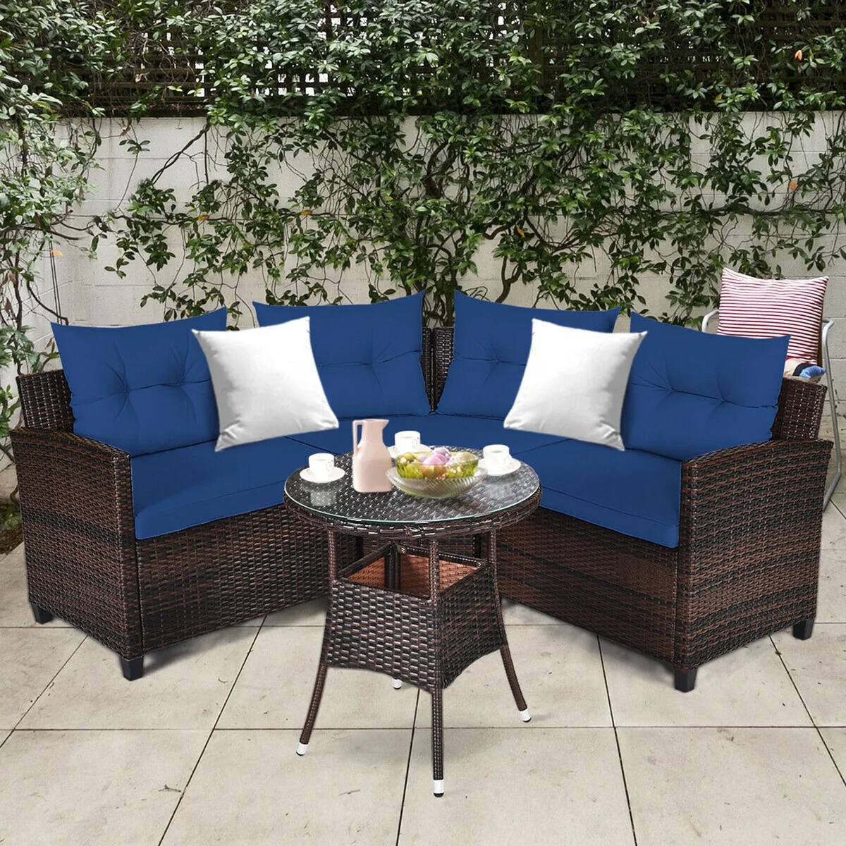 Gymax 4PCS Patio Furniture Set Outdoor Rattan Sectional Sofa Set w/ Navy Cushions 4117
