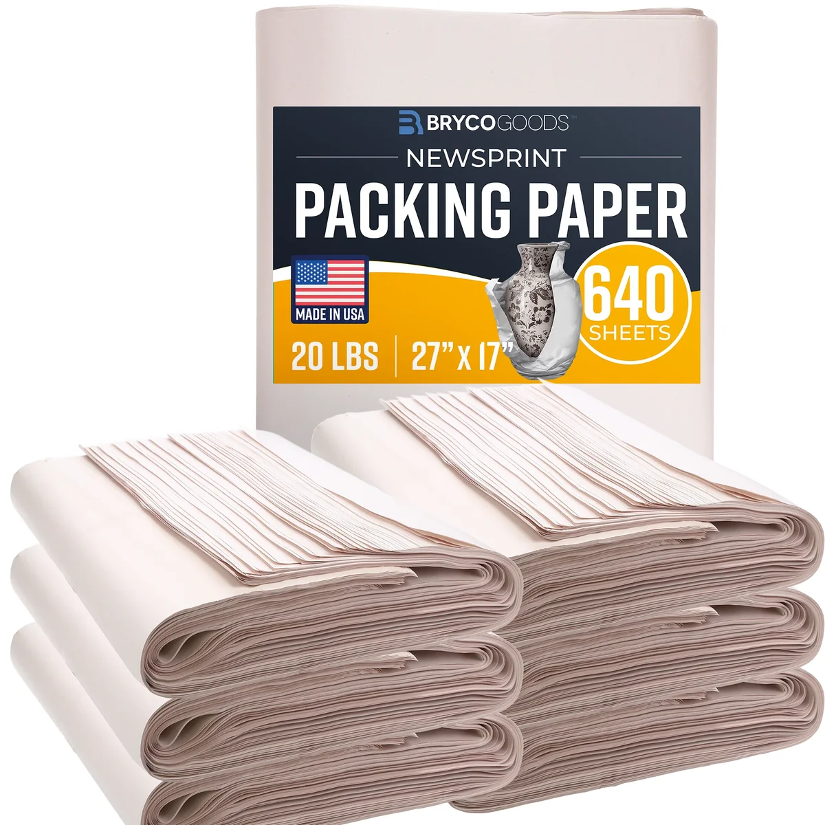 Bryco Goods Packing Paper Sheets for Moving - 20lb - 640 Sheets of Newsprint Paper - Must Have in Your Moving Supplies - 27" x 17" - Made in USA 8681