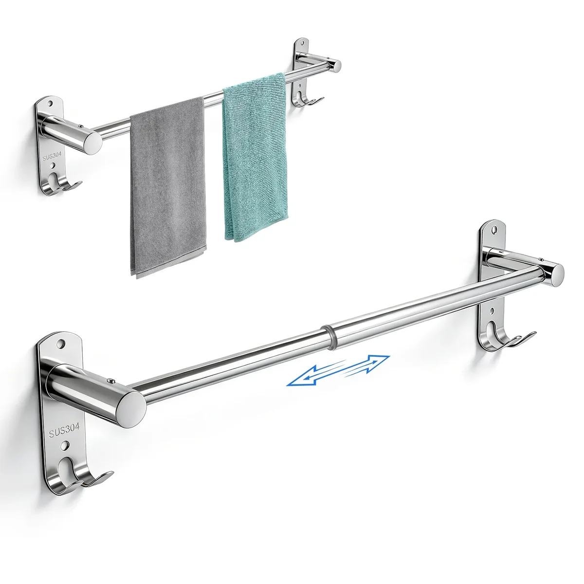 ROSYNEY 304 Stainless Steel Towel Rack, Retractable 15.9-28.6 Inch Towel Bar with Hooks, Wall-Mounted Towel Rack for Bathroom, 1-BACK 1789
