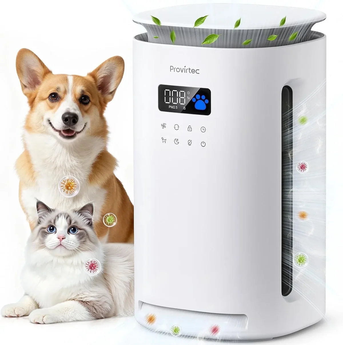 Provirtec Pro-Level Pet Air Purifier for Home No More Pet Floating Fur Dander & Odor Worries 360° Wide Intake H13 True HEPA Auto/Pet Mode & Washable Pre-F 6560