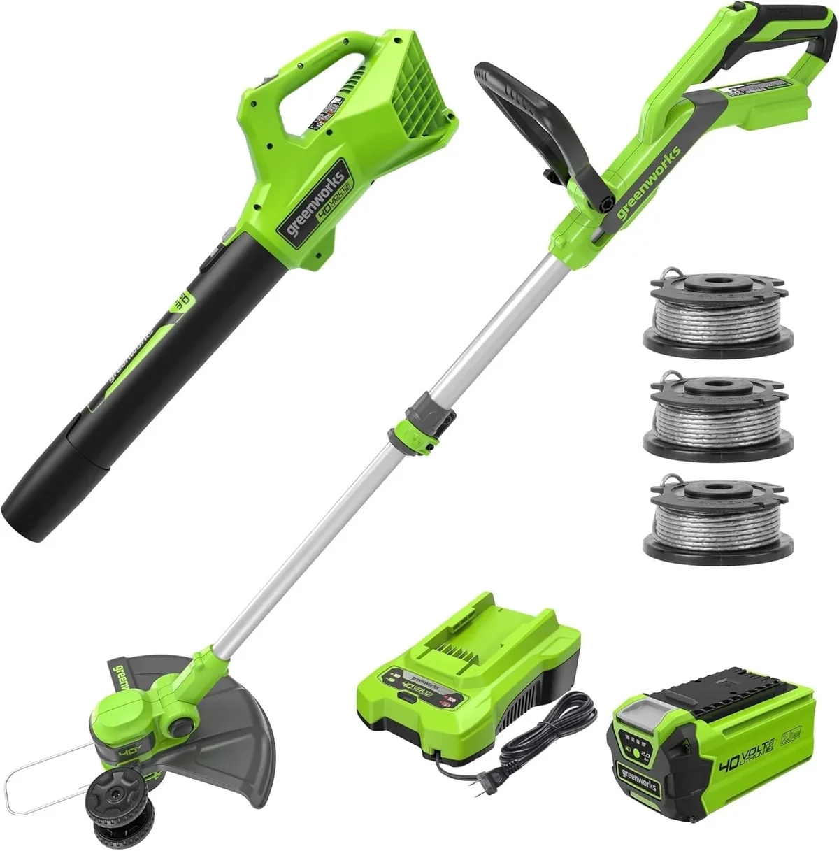 Greenworks 40V 13-Inch Cordless String Trimmer / Edger and Leaf Blower Combo Kit + 3 Bonus Spools, 2.0Ah Battery and Charger Included 6075