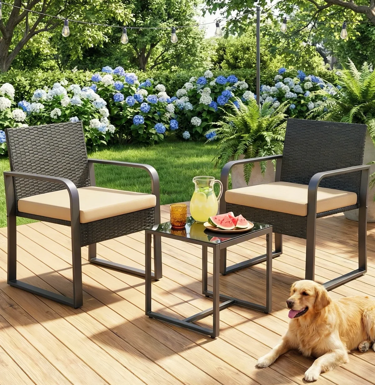 Lofka Patio Furniture Set for 3, Lofka All-Weather Outdoor Rattan Conversation Set with Glass Table for Lawn, Poolside, Porch,Beige 7843