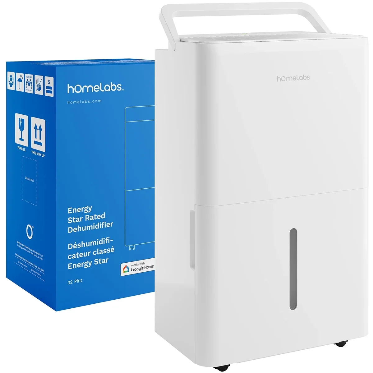 hOmeLabs 32 Pint Wi-Fi Dehumidifier for up to 4,500 Sq Ft Rooms (MAX 80 Pint at 95°F, 90% RH) – High-Efficiency Moisture Removal with Auto Shu 3165