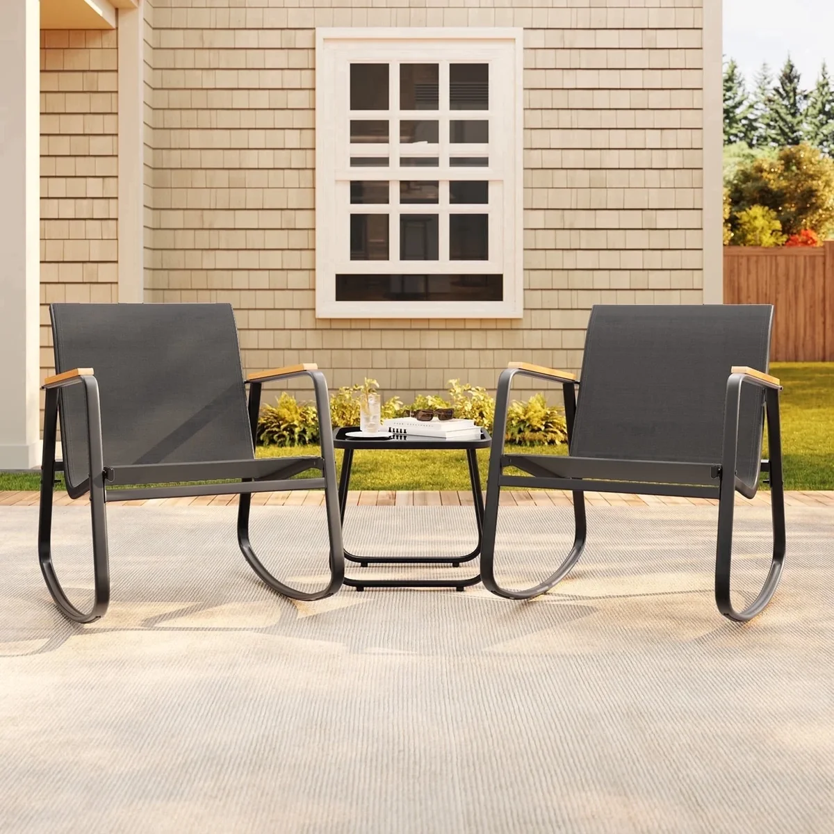 Asofer 3-Piece Patio Bistro Set, Outdoor Furniture Set with Coffee Table & Wood Handrail, Black 0174