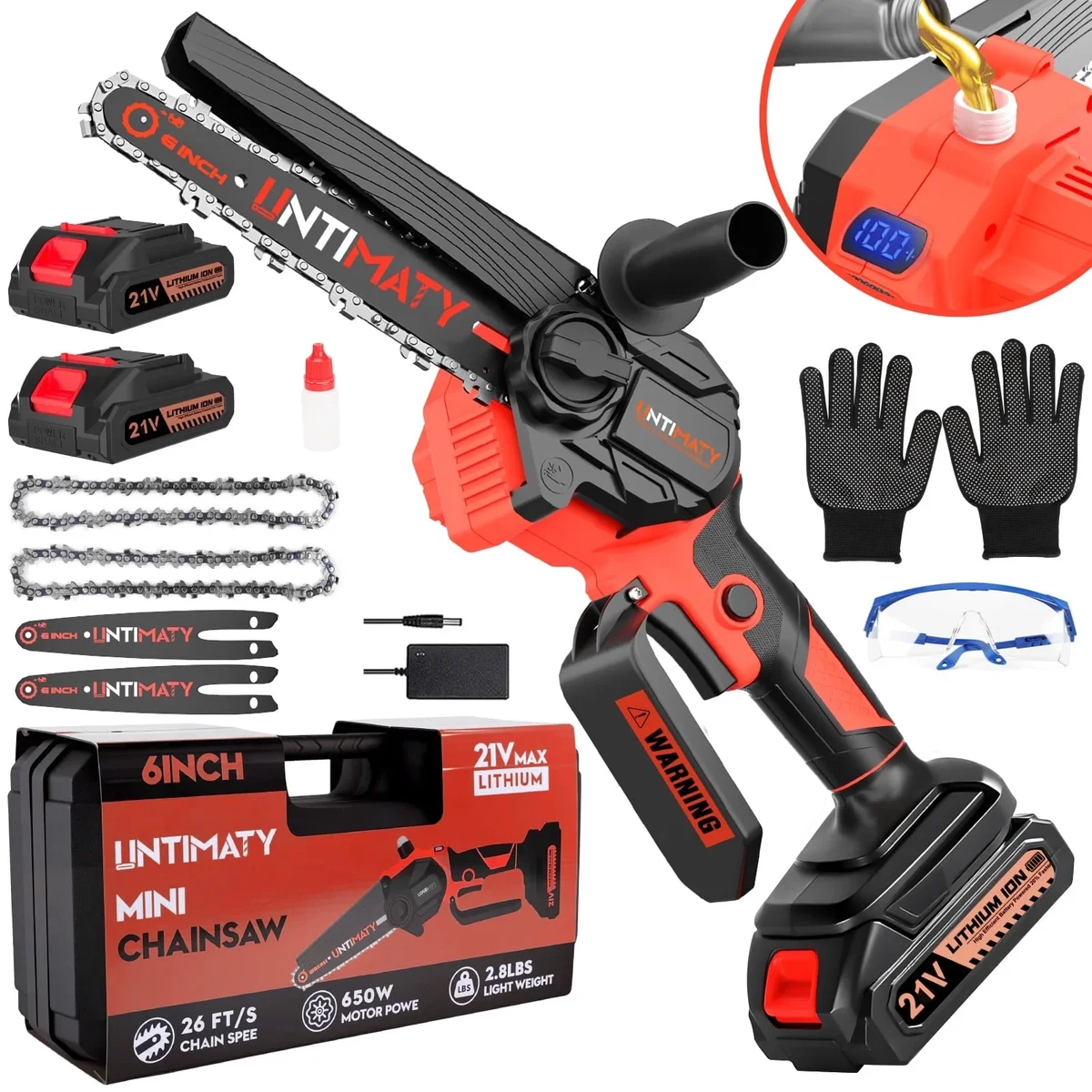 UNTIMATY Mini Cordless Chainsaw 6 inch Small Electric Chainsaw Battery Powered Hand Held Pruning Chainsaw for Wood Cutting and Tree Trimming, Ora 7356