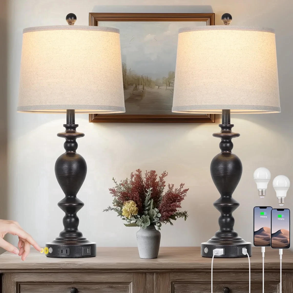 Lolikit Retro Black Table Lamp Set of 2 for Living Room Bedroom 28" Tall Farmhouse Resin Bedside Lamps with USB A+C Ports & AC Outlet 3 Way Dimma 0107