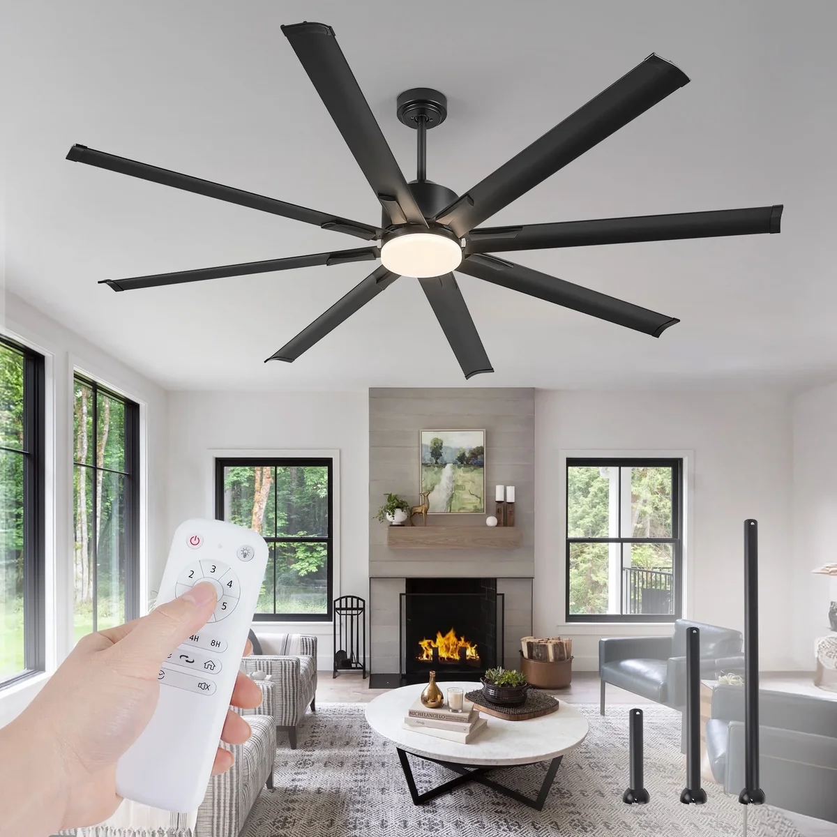 Zardon 72 in Large Ceiling Fans with Light and Remote, Modern Ceiling Fan with 6 Speed Reversible for Indoor, Outdoor, Black 5916