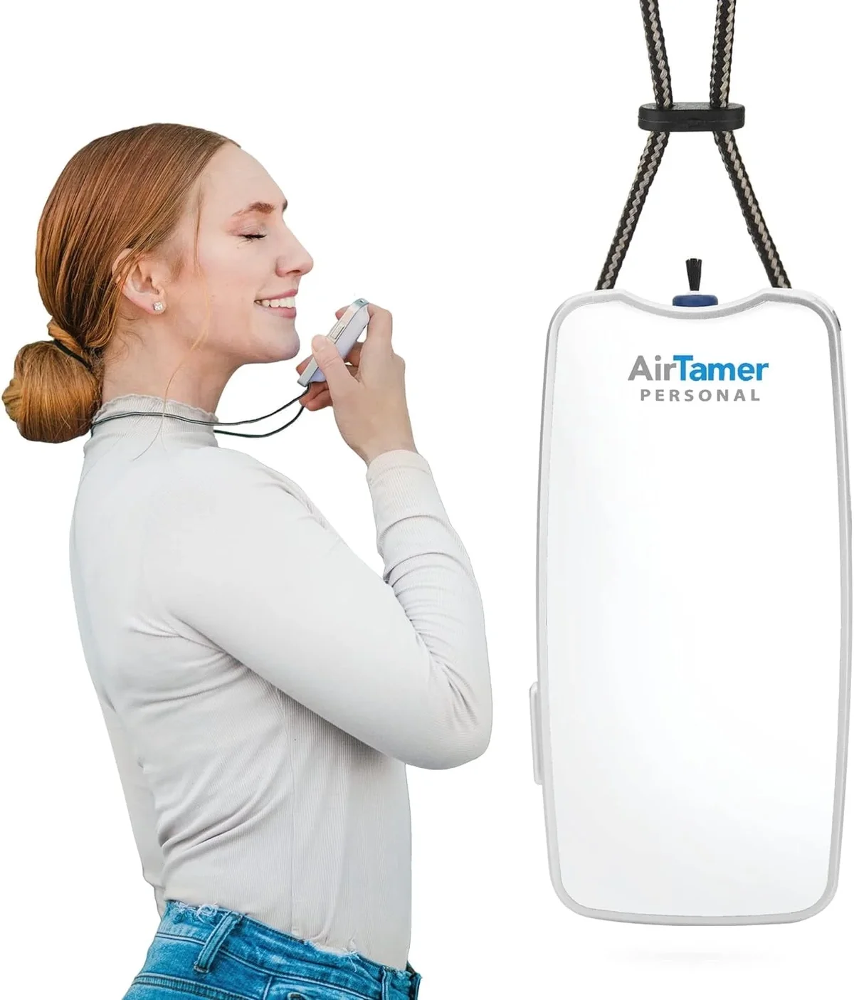 AirTamer A310W Rechargeable Personal Air Purifier with Ionic Technology, Portable Wearable Air Cleaner, USB Rechargeable, White with Metal Travel 4700