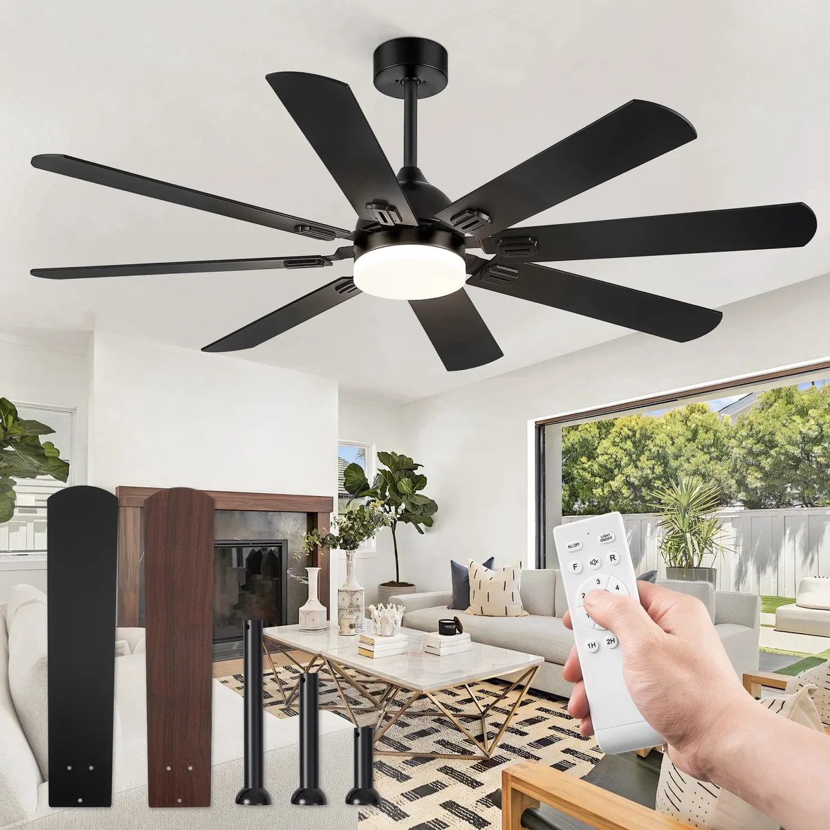 Zardon 62 in. Indoor Modern Ceiling Fan with Lights and Remote, Black, Dual-Finish, 8-Blade 0465