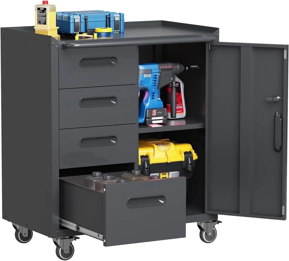 IKIMI 34.65"H Metal Rolling Tool Storage Cabinet with 4 Drawers & 1 Lockable Door, Mobile Tool Cart with Adjustable Shelf for Workshop/Garage, Bl 2279