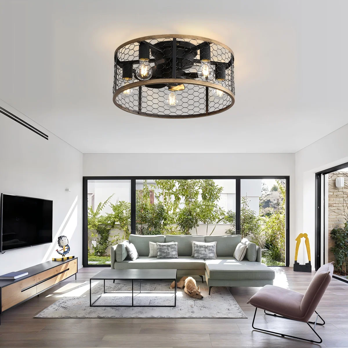 Sofucor 20" Matte Black Caged Ceiling Fan with 5-Piece Lighting Kit and Remote Control 6962