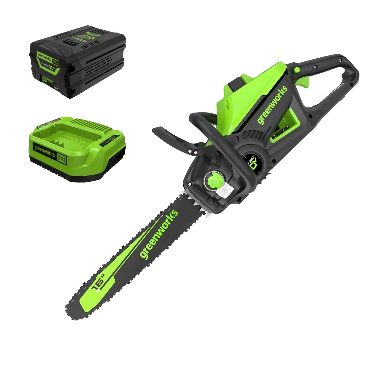 Greenworks Pro 60V 16 in. Brushless Cordless 2kW Chainsaw with 2.5 Ah Battery and Charger 8238