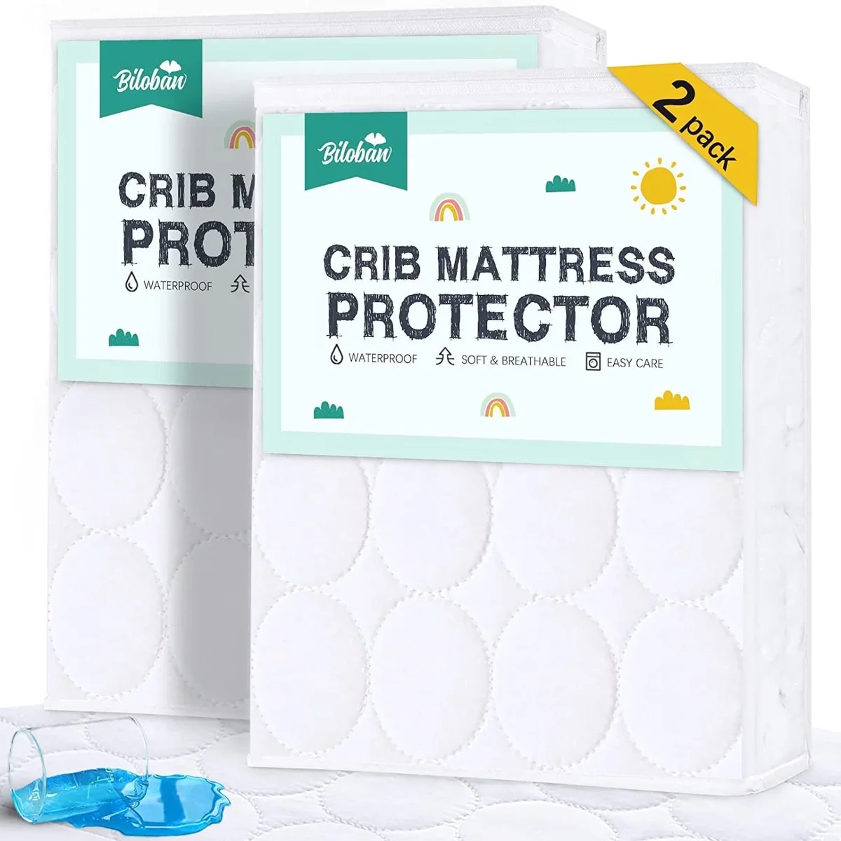 Biloban Crib Mattress Protector Sheets Waterproof 2 Pack, Quilted Crib Mattress Pad Cover Fitted Fits for Toddler Bed Mattress, White, 52” x 28” 6727