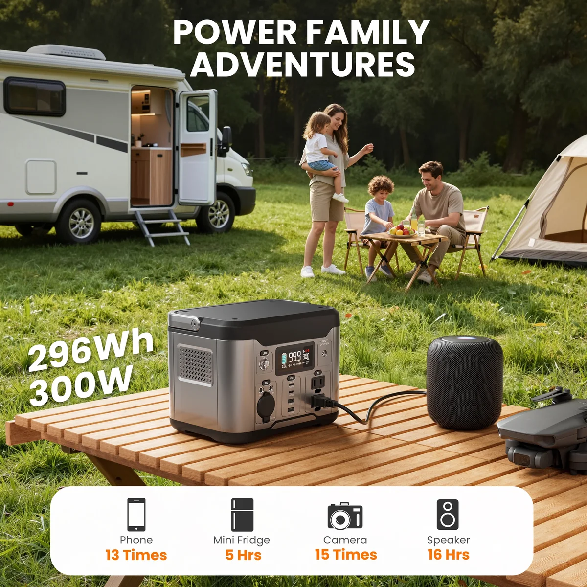 Qunler 300W 296Wh Portable Power Station, 60W PD Usb-C Backup Power Supply with Pure Sine Wave 120V AC Outlet for Outdoor Camping, Home Use and E 4813