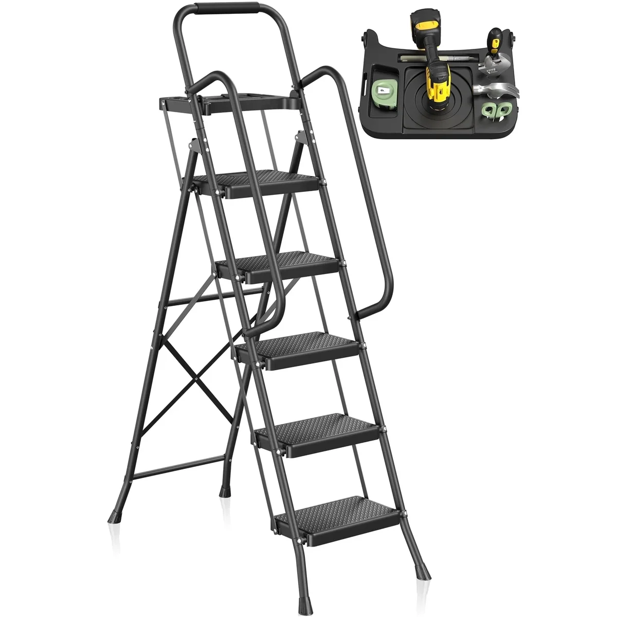 JOZ 5-Step Ladder, 800lbs Portable Folding Ladders for Home, with Handrails and Tool Tray and Anti-Slip Pedal, Black 2502
