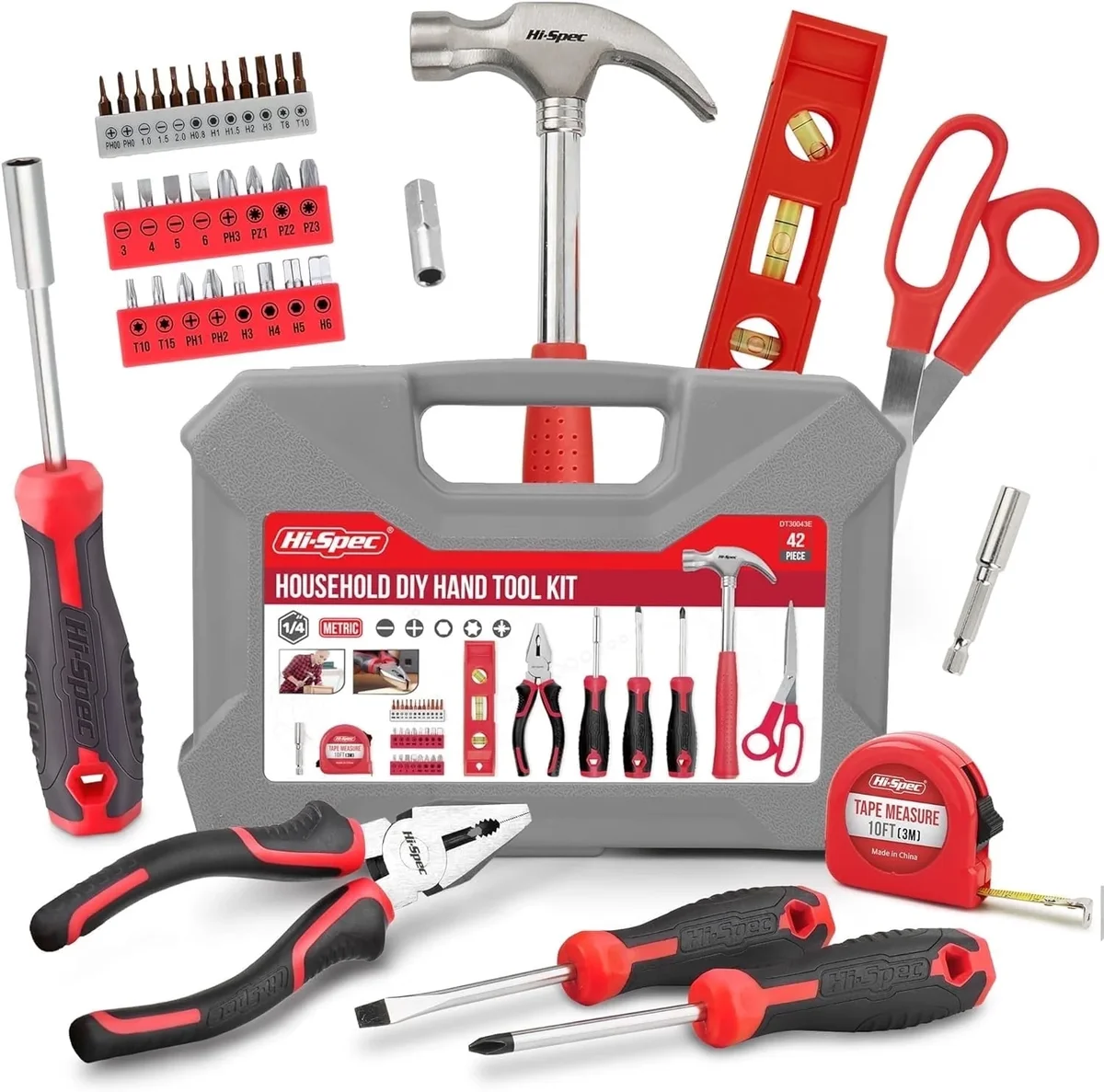 Hi-Spec 42pcs Red Small Tool Kit for Household, DIY, Office with Screwdriver, Bits, Compact Case 5567
