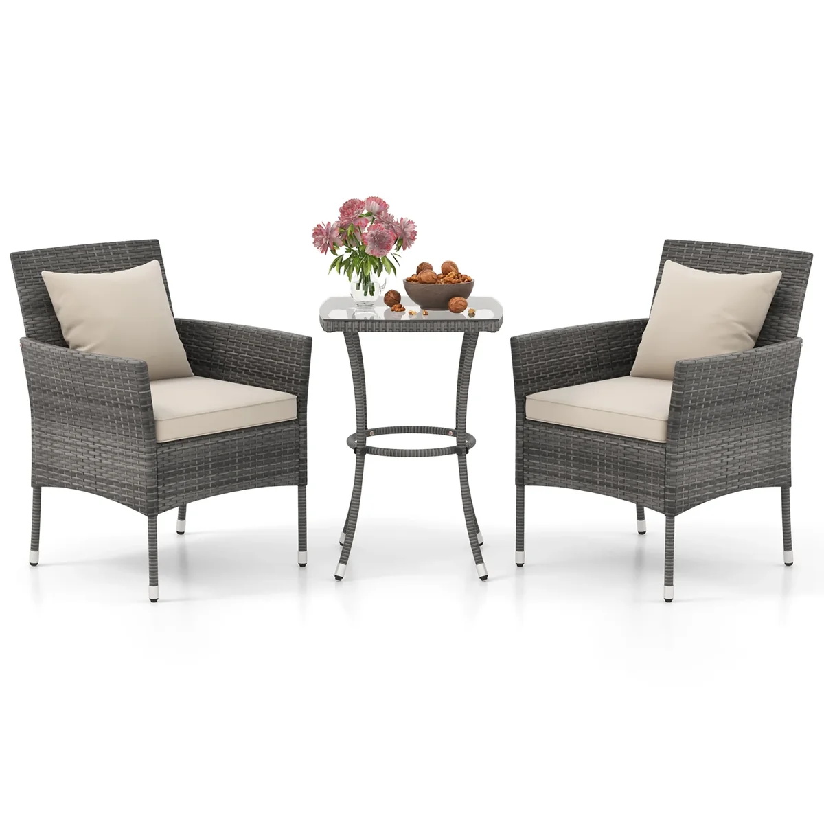 Gymax 3-Piece Patio Furniture Set PE Wicker Conversation Bistro Set w/ A Tempered Glass Table 6700