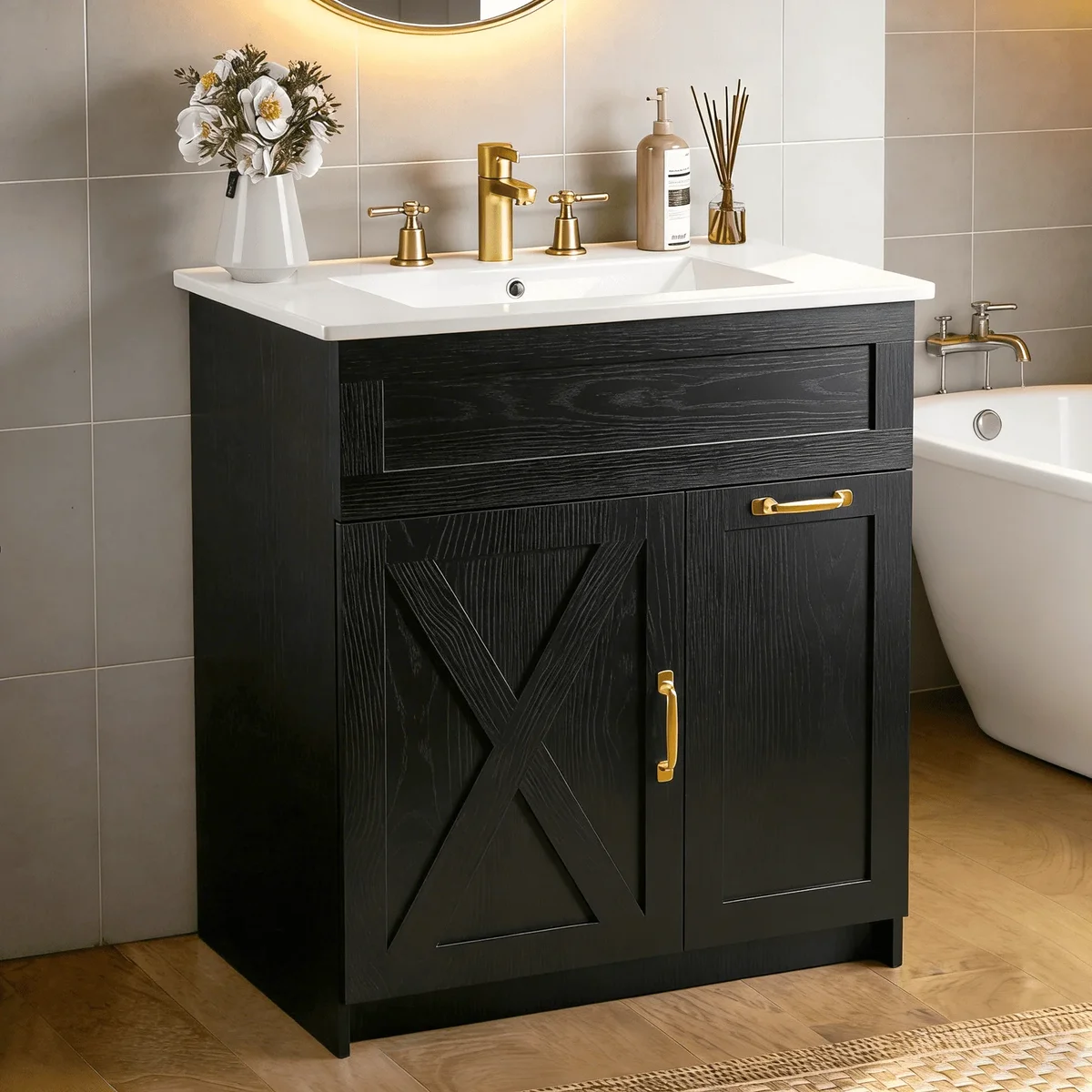 EVOKEDEN 30" Bathroom Vanity with Sink, Solid Wood Frame Bathroom Cabinet Set, Featuring 2 Power Outlets, 2 USB Ports, a Switch Button, 2 Drawers 4085