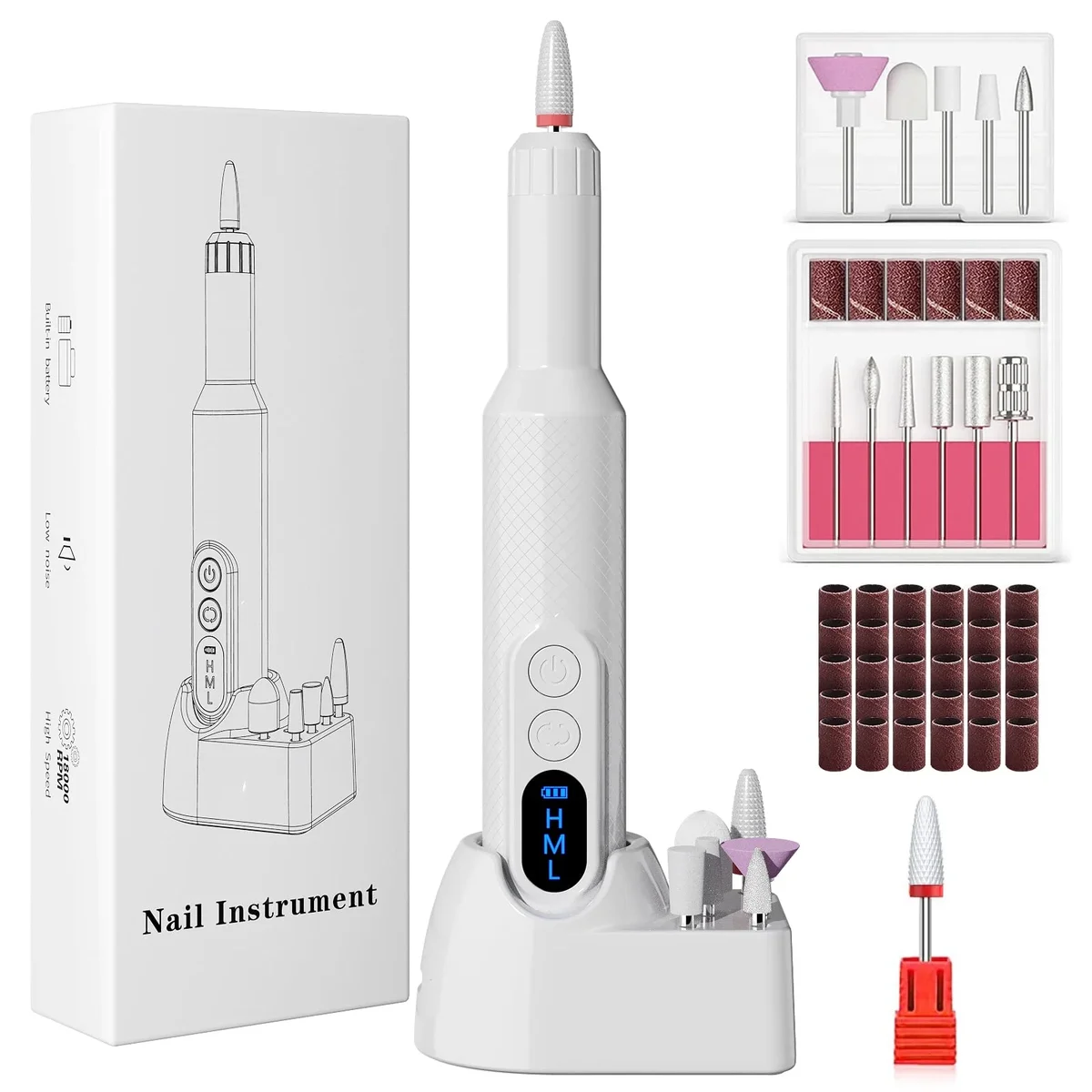 CshidWorld Electric Nail Drill, Cordless Nail File Kit, Portable Manicure Pedicure Tool with 12 Drill Bits & Wireless Charging Base for Acrylic G 6033