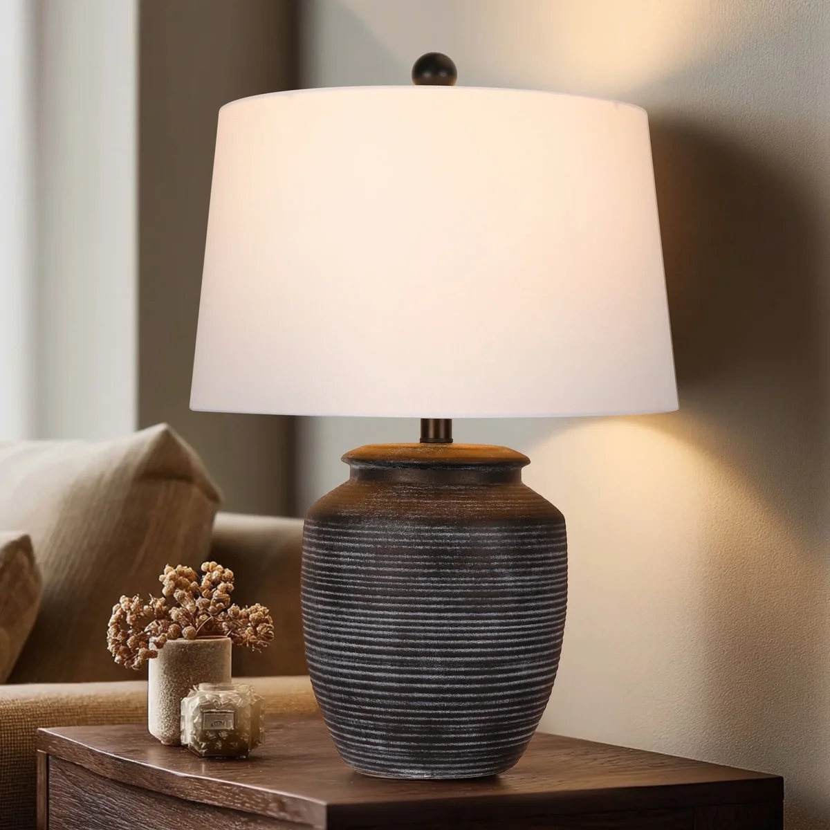 Everdaily Essentials 28" Rustic Black Ceramic Pot Table Lamp for Bedroom, Living Room, Dining, Home Office, Entryway 8974