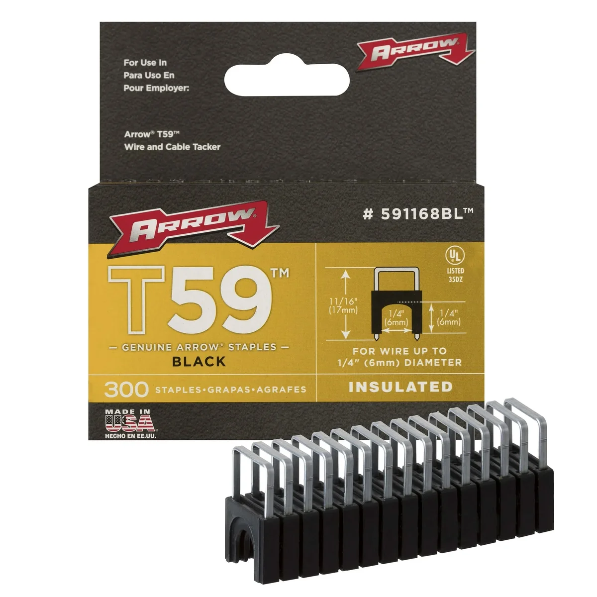 Arrow 591168BL Genuine T59 Insulated 1/4" Leg Length, 1/4" Crown Size, Staples, Black, 300-Pack 1330