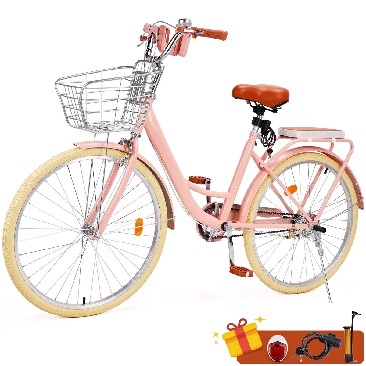 Bruce & Shark 26 inch Commuter Bicycle for Adult Men and Women, Comfortable City Bikes with Rear Rack and Basket, Pink 5615