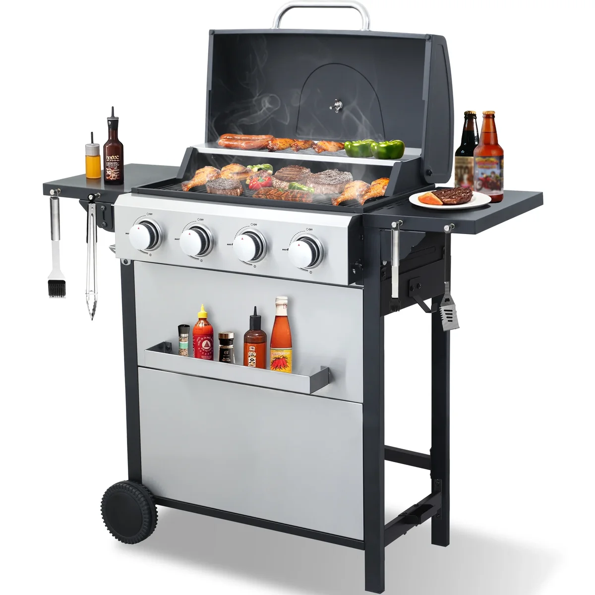Nice Coker 4-Burner Propane Gas Grill - 34,200 BTU BBQ Grill, Stainless Steel Control Panel, Easy Ignition, Temperature Gauge, 2 Enameled Cooking Grids for  4397