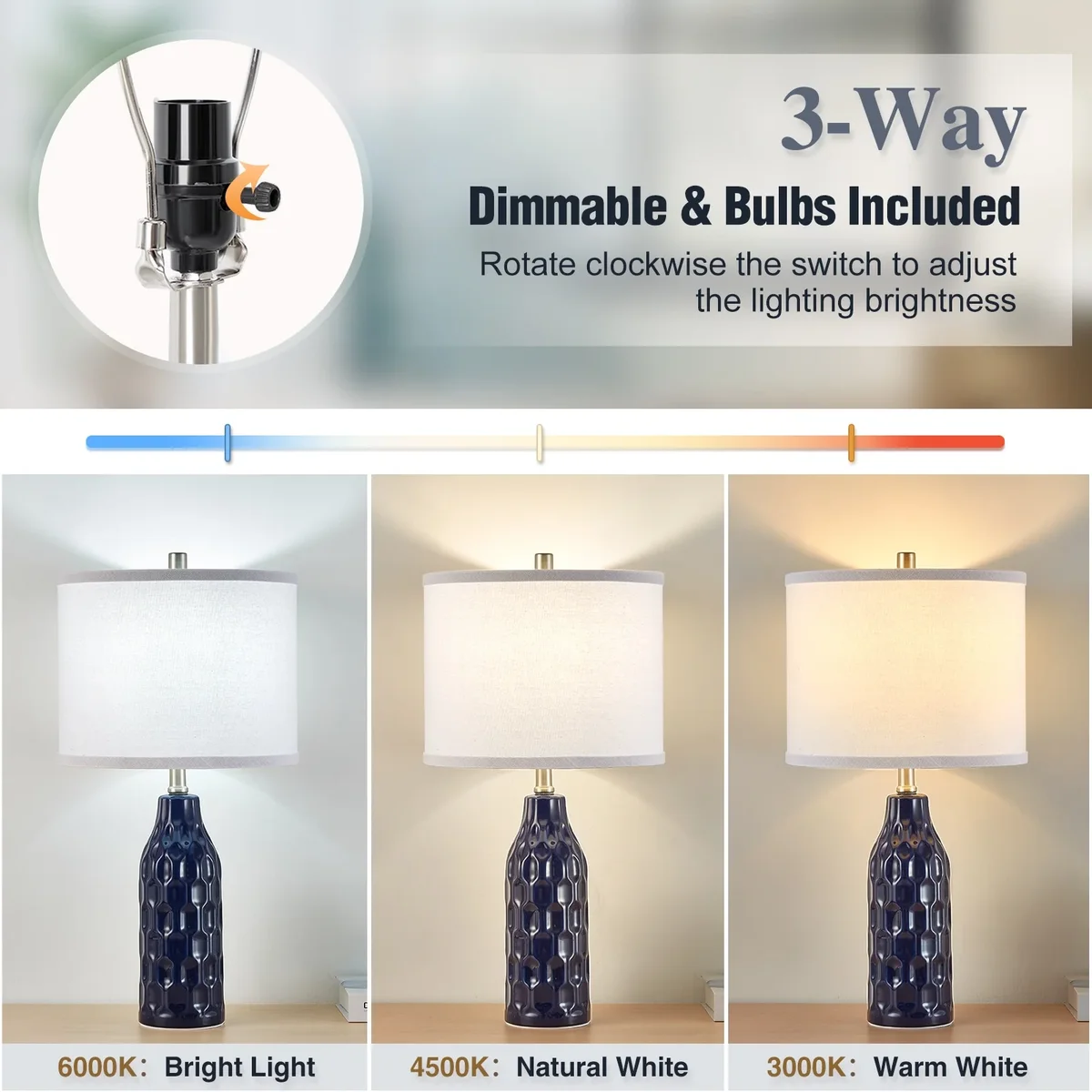 Everdaily Essentials 24.8" Ceramic Table Lamps Set of 2 for Nightstand - 3 Color Temperature&Bulbs Included, Bedside Lamps for Living Room Bedroom Home Offic 0405