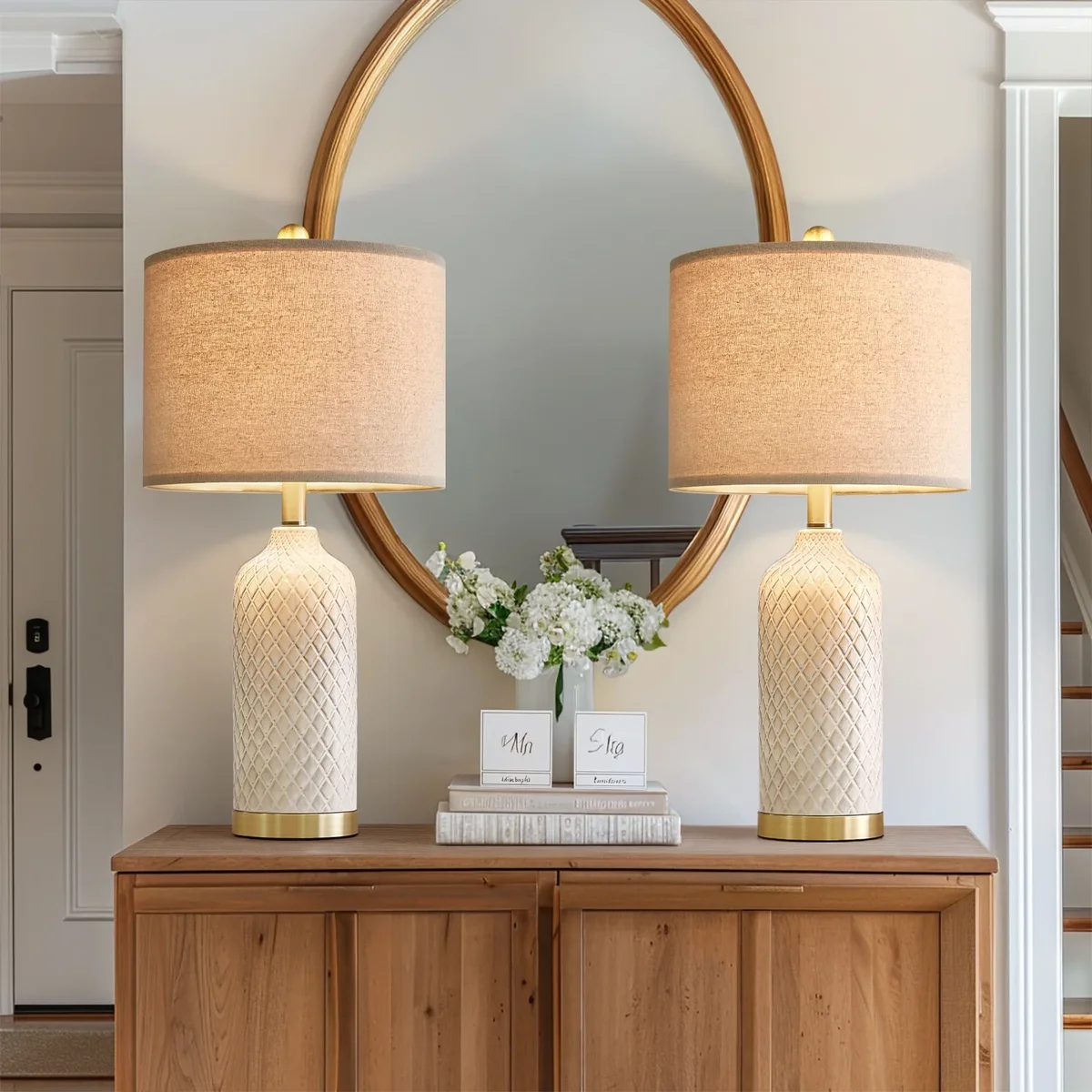 Oneach Ceramic Table Lamps Set of 2 for Living Room Bedroom 24.25" Modern Bedside Nightstand Lamps with Lamp Shades 1659